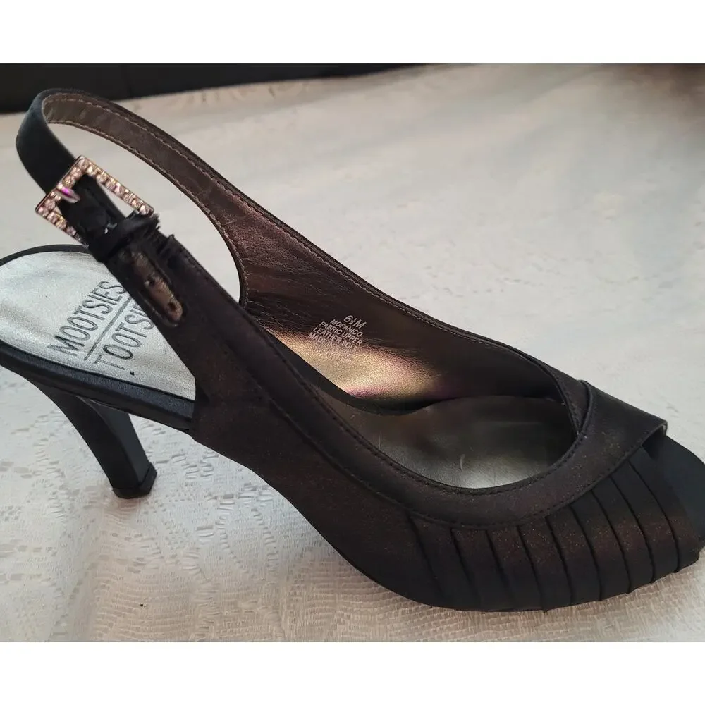 Mootsies Tootsies Black Satin Slingback Heels,Sz. 6.5